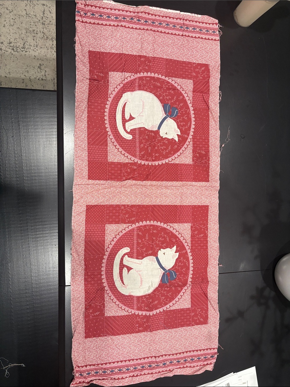 Vintage-Inspired White Cat Panel Quilt Fabric in Red and Pink 17x43